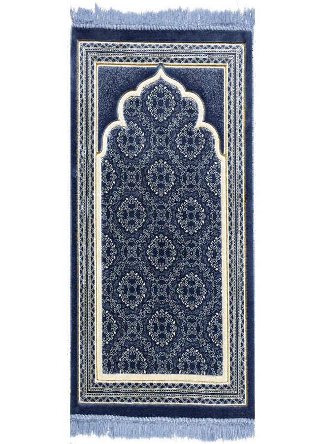 Modefa Turkish Islamic Prayer Rug - Soft Velvet Janamaz Praying Carpet - Comfortable Muslim Praying Mat for Men & Women - Ramadan or Eid Gift - with Kufi Prayer Cap - Elegant Swirl (Blue) - Image 3